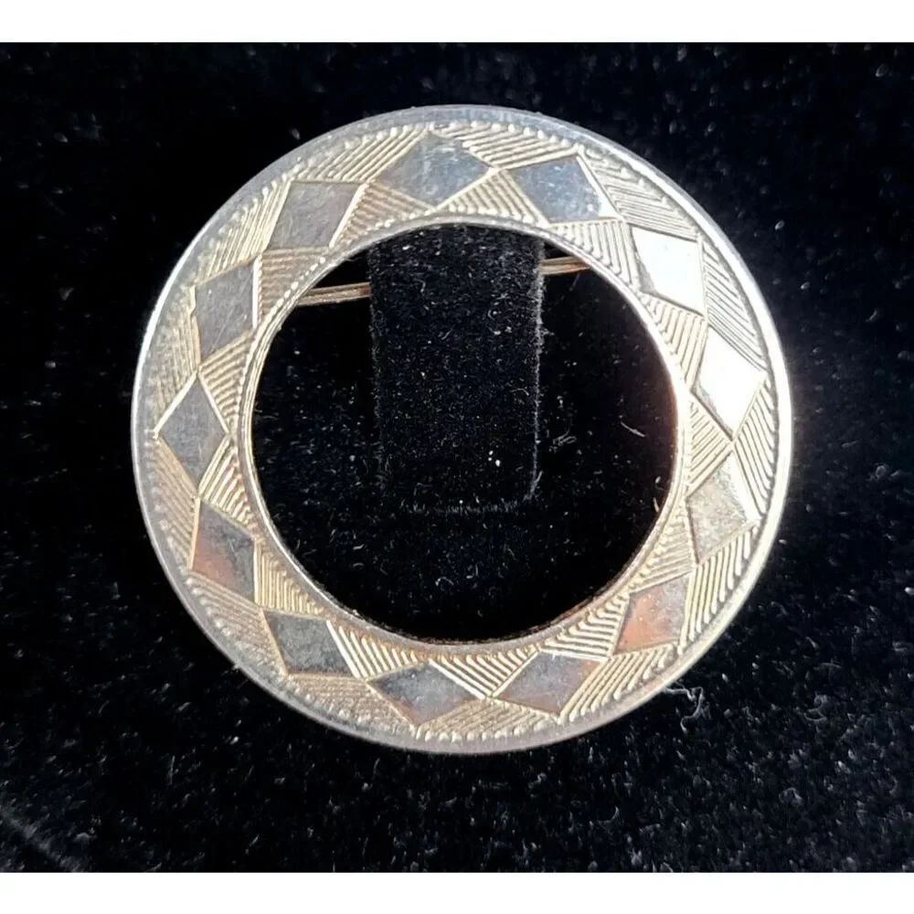Diamond Etched Silvertone Circular Pin 1.3 in